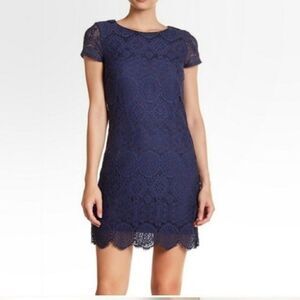 LAUNDRY by Shelli Segal Classic Lace Sheath Dress Short Sleeve Navy Blue